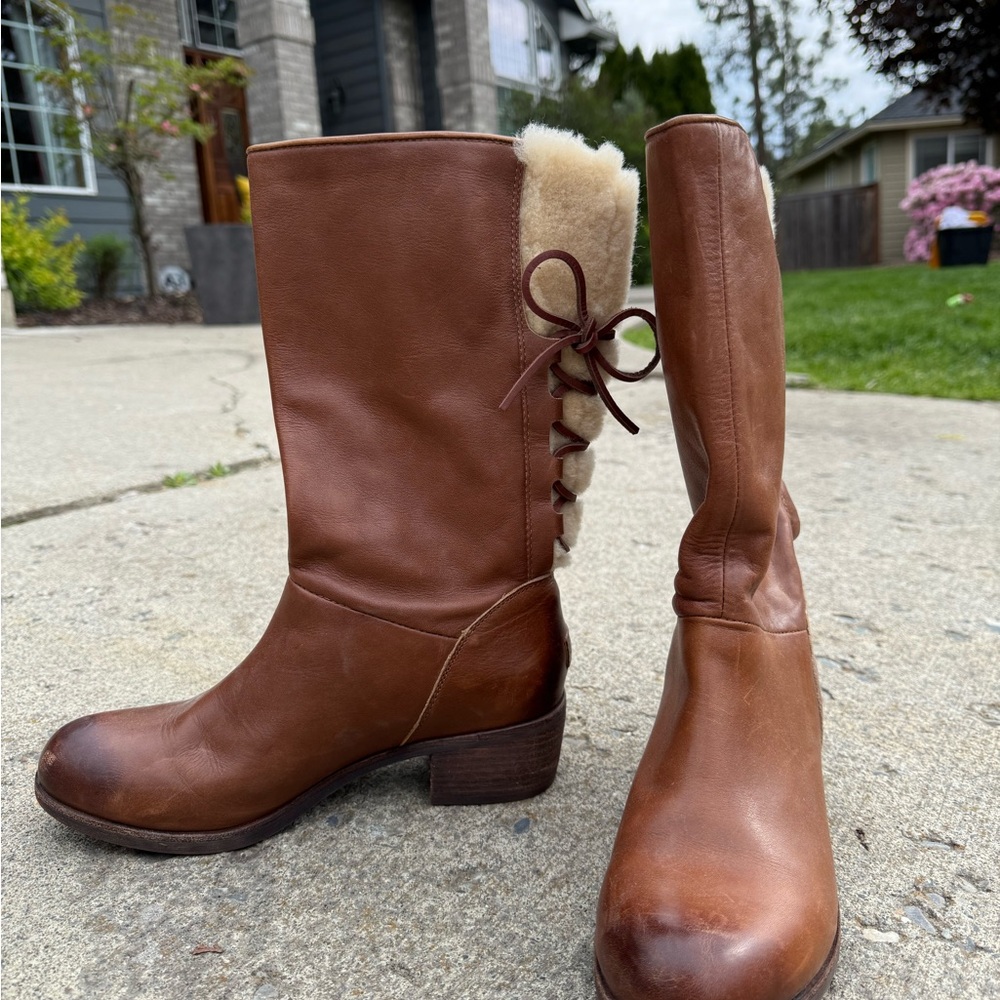 UGG Brown and Cream Winter Boots with Lace Detailing